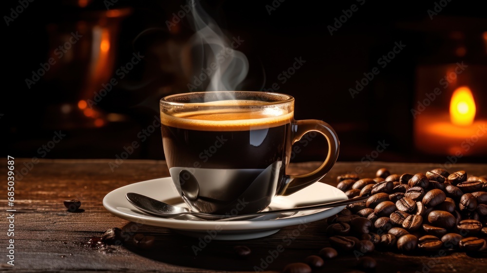 Cup of espresso with coffee beans on an old black wooden Cup of espresso with coffee beans on an old black wooden