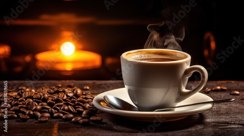 Cup of espresso with coffee beans on an old black wooden 