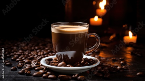 Cup of espresso with coffee beans on an old black wooden 