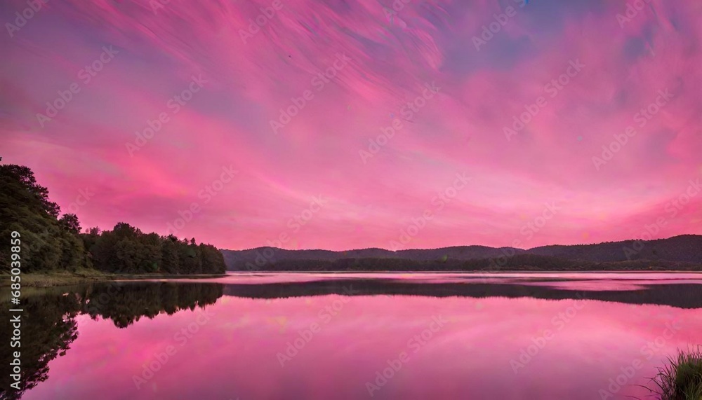 Pink Sky And Mirror Like Lake.