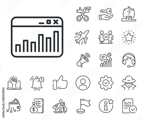 Web analytics symbol. Salaryman, gender equality and alert bell outline icons. Marketing statistics line icon. Browser window sign. Marketing statistics line sign. Vector