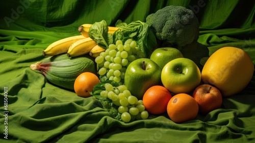 Fresh green produce lying down on a green textile background,Clean healthy food concept,
