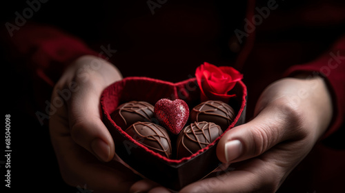 close up of hands holding a valentines day heart-shaped present with chocolate candies photo