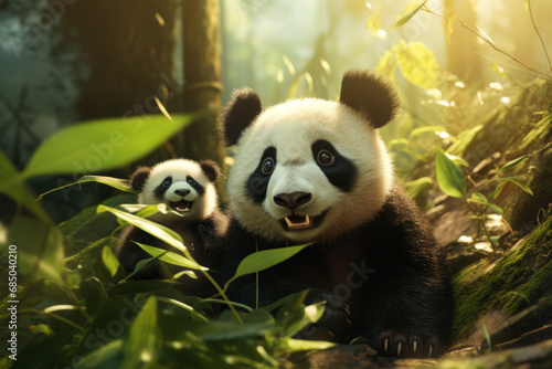 A cute giant panda mother and its cute cub sit down together in the bamboo forest..