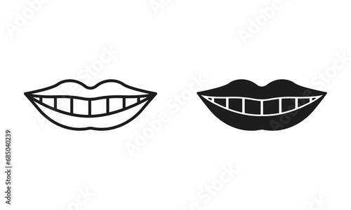 Healthy Human Smile Silhouette and Line Icons Set. Beauty Lips and White Teeth Pictogram. Oral Care, Mouth with Teeth, Dental Treatment Symbol Collection. Dentistry Sign. Isolated Vector Illustration