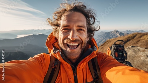 Happy hiker man taking selfie portrait on the top of mountain 