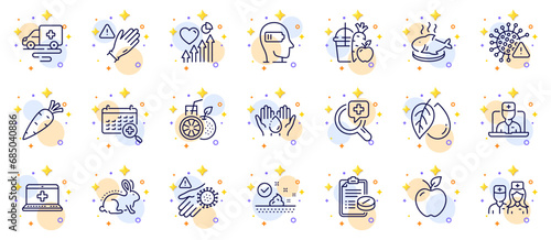 Outline set of Fish dish, Telemedicine and Use gloves line icons for web app. Include Juice, Heart beat, Doctor pictogram icons. Weariness, Wash hand, Mineral oil signs. Carrot. Vector