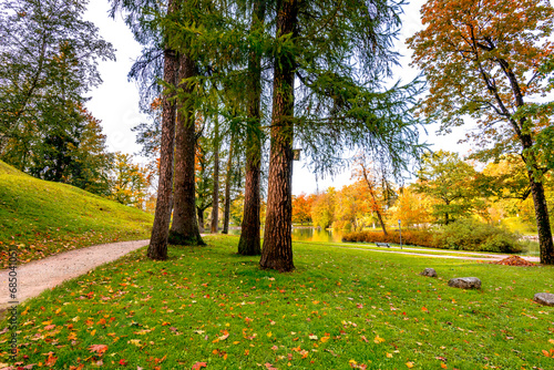 Gravel walkways in old public park at autumn