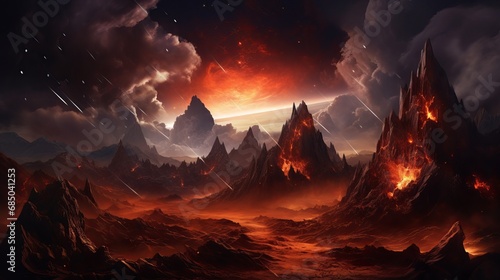 mystical fiery planet: fantasy landscape with glowing stars, nebulae, and falling asteroids - digital artwork, astrology magic in space