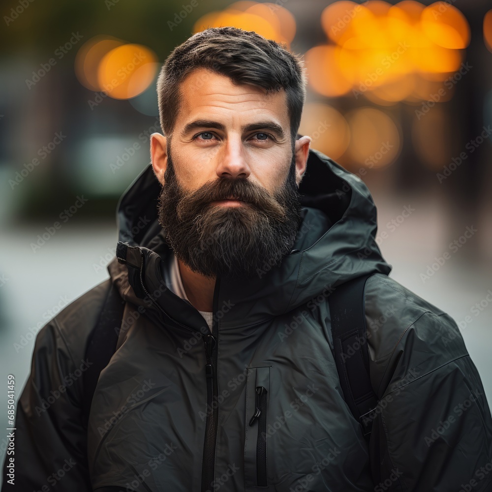 Fototapeta premium The Distinguished Gentleman in a Stylish Black Jacket and Bushy Beard