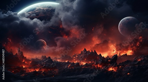 fiery fantasy: mystical planet, glowing stars, nebulae, and falling asteroids in cosmic landscape - digital artwork with astrology magic and massive clouds