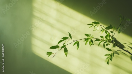 Sunlight and green branch of tree with shadow on green wall  copy space. 