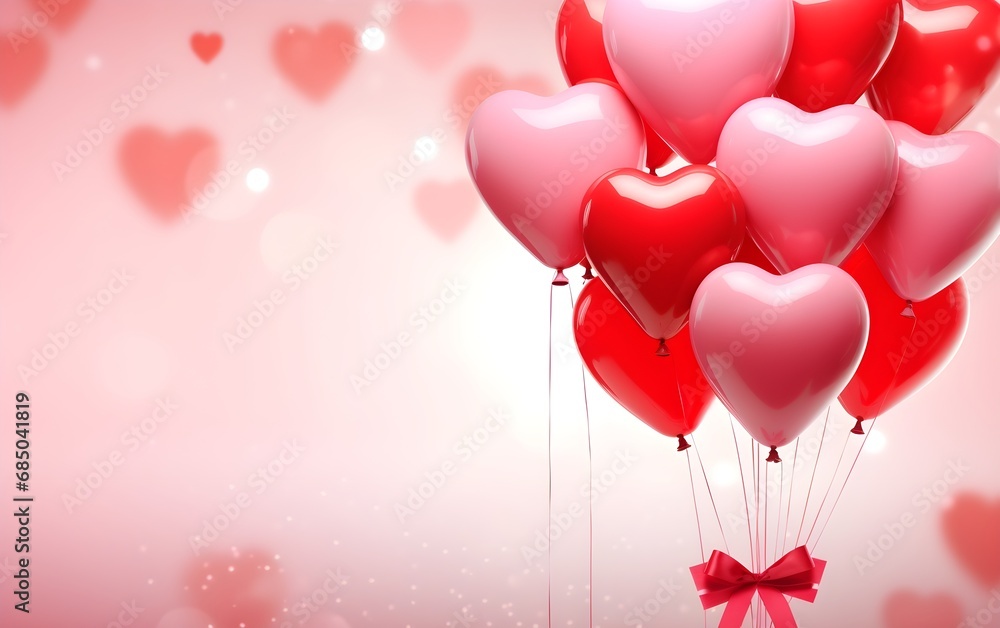 Valentine's Day themed red and pink Balloon Hearts background with copy space, romantic love landscape blurred celebration