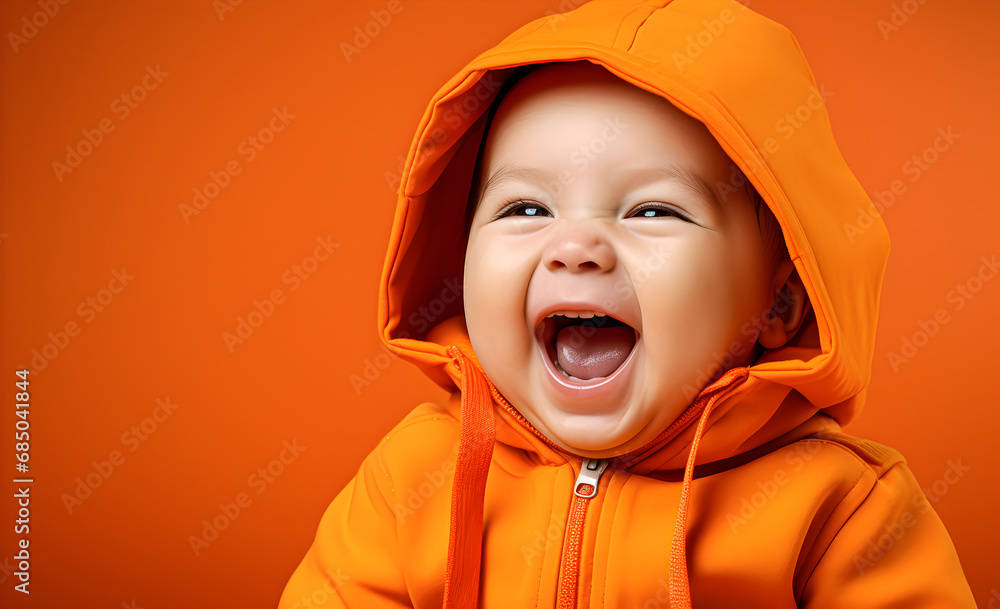 Portrait of a laughing child in orang clothing on an orange background Portrait of a laughing child in orang clothing on an orange background