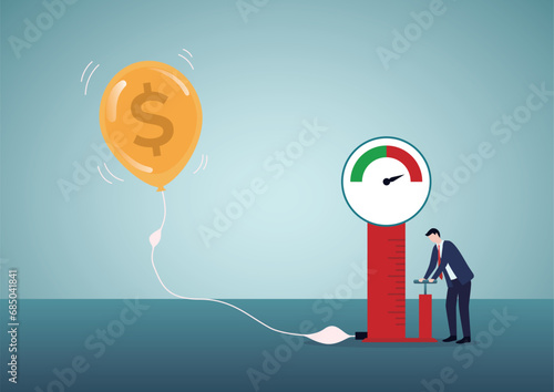 CPI, Inflation indicator, measurement of inflation. Business and economy unstable prediction with financial problems. A businessman measures inflation from larger air balloons.