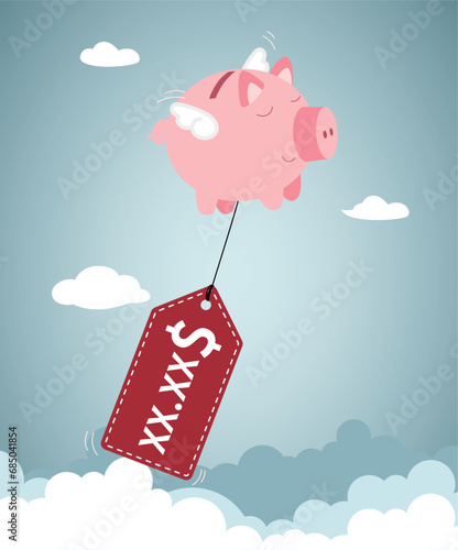 Inflation causing price rising up, overvalued stock or funds, consumer purchasing power reducing concept, coin bank tied with product price tag flying high rising up in the sky.