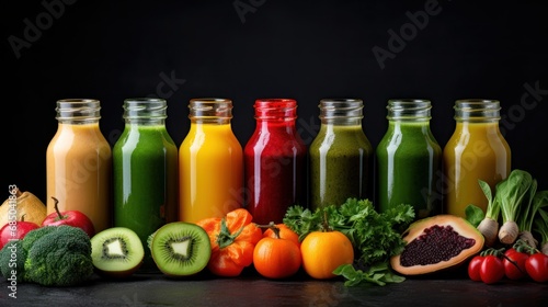 Fresh fruit and vegetable smoothies or juice in bottles with various ingredients around rough black background 
