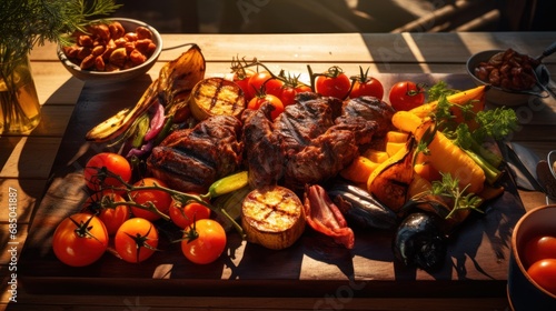 Top view Grilled meats and vegetables on rustic picnic table 