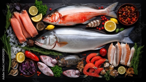 Assortment of fresh fish and seafood on rough black background. 