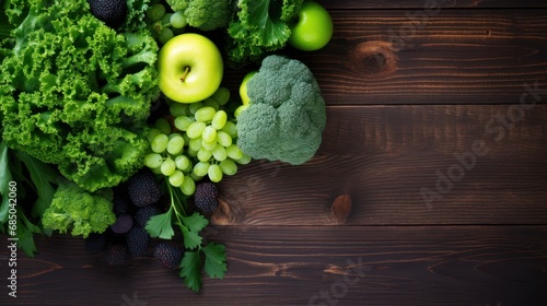 Top view of broccoli  green apple  kale and green grapes. Detox drink. on wooden background 