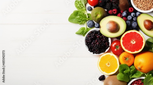 Top view of Healthy food selection with fruits, vegetables, seeds, on white wooden background. 
