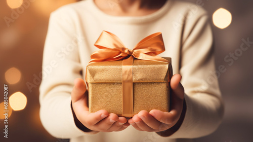 Kid hands holding present gift boxes. Close up