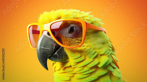 Parrot in sunglasses. Close-up portrait of a parrot. Anthopomorphic creature. A fictional character for advertising and marketing. A humorous character for graphic design.
