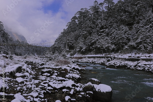 lachung chu river flowing through the snow covered yumthang valley, beautiful mountain valley located near lachung hill station in north sikkim, india photo
