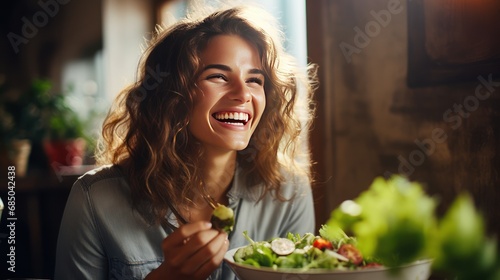 Top-down view Young and happy woman eating healthy salad sitting on the table 