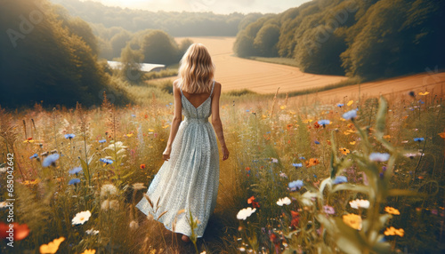 a blonde woman in a summer dress, showing her back, standing in the middle of a wildflower field.