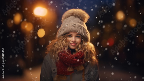 Christmas Portrait of happy woman on street, snow and joy walk in evening. Christmas holiday mood, smile on woman face