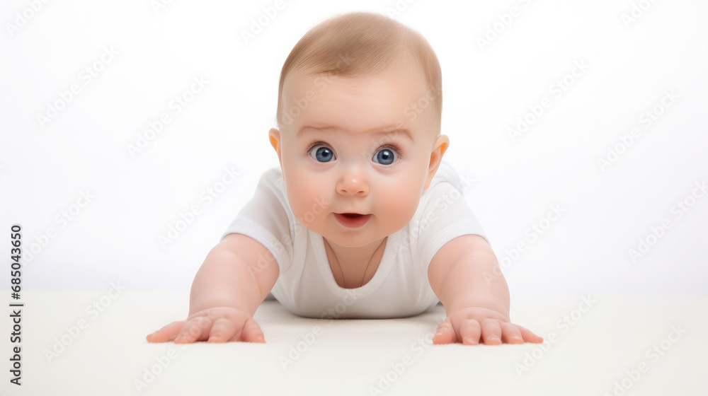 cute little baby with big clear eyes on all fours on a white background, child, kid, childhood, early development, European, portrait, face, emotion, smile, close-up, nursery, kindergarten cute little baby with big clear eyes on all fours on a white background, child, kid, childhood, early development, European, portrait, face, emotion, smile, close-up, nursery, kindergarten