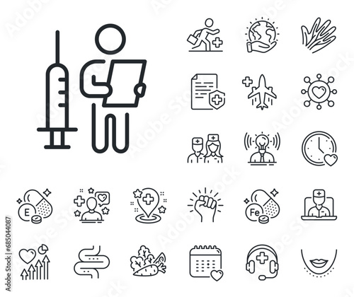 People vaccine syringe sign. Online doctor, patient and medicine outline icons. Vaccination announcement line icon. Injection jab symbol. Vaccination announcement line sign. Vector