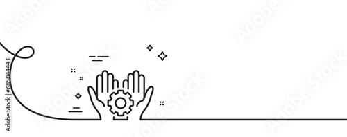 Employee hands line icon. Continuous one line with curl. Work gear sign. Development cogwheel symbol. Employee hand single outline ribbon. Loop curve pattern. Vector
