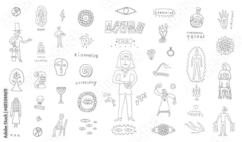 Mystic fortune-telling , extrasensory perception ,secret knowledge magic guru meditation esoterics signs doodles ,
 hand drawm vector sketch elements
 photo