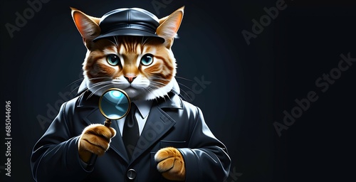 Human cat is wearing jacket and examining using magnifying glass on dark theme representing the concept of anthropomorphic animal