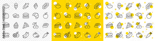 Vegetables, Fruits and Sweet Desserts icons. Food line icons. Potato slices, corn and fresh carrot. Strawberry, Apple and Orange. Cake, Ice cream and Cupcake icon. Pizza, burger and hotdog. Vector