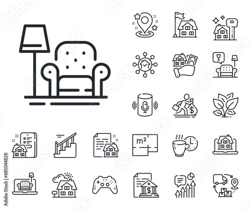 Home furniture sign. Floor plan, stairs and lounge room outline icons. Armchair line icon. House chair with floor lamp symbol. Armchair line sign. House mortgage, sell building icon. Vector