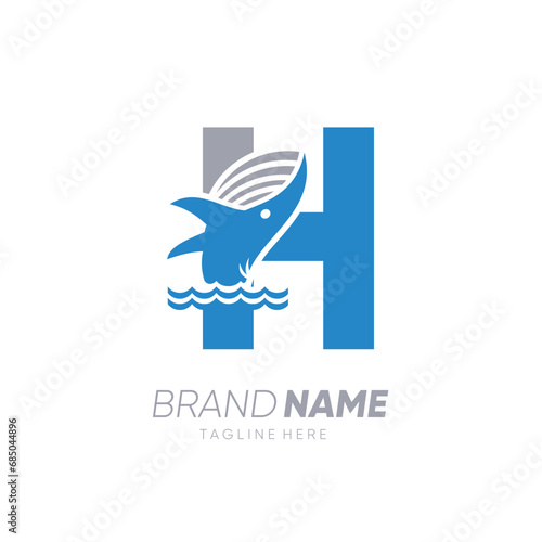 Initial Letter H Whale Jumping in the Water Logo Design Vector Icon Graphic Emblem Illustration