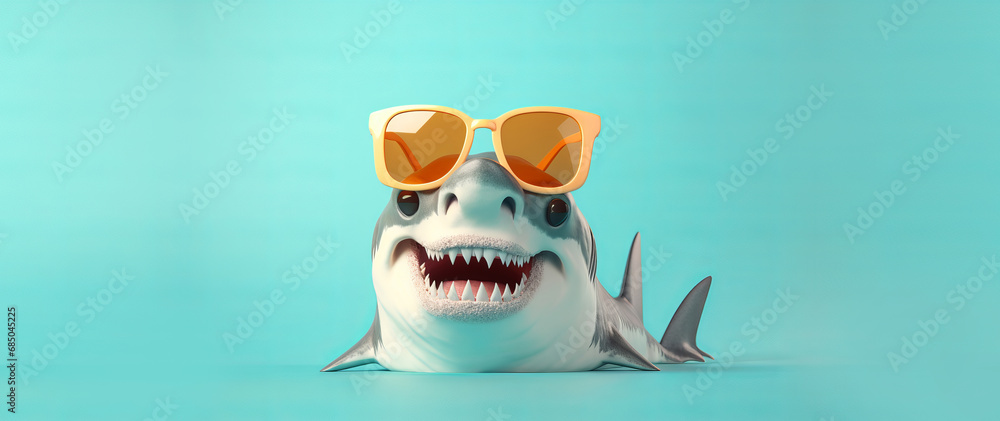 Shark Character Wearing Sunglasses, blue background - obrazy, fototapety, plakaty 
