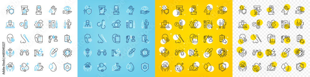 Vector icons set of Dont touch, Problem skin and Nasal test line icons pack for web with Mint tea, Blood and saliva test, Fahrenheit thermometer outline icon. Eye drops, Stress. Vector Vector icons set of Dont touch, Problem skin and Nasal test line icons pack for web with Mint tea, Blood and saliva test, Fahrenheit thermometer outline icon. Eye drops, Stress. Vector