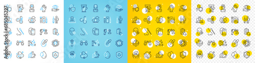 Vector icons set of Dont touch, Problem skin and Nasal test line icons pack for web with Mint tea, Blood and saliva test, Fahrenheit thermometer outline icon. Eye drops, Stress. Vector
