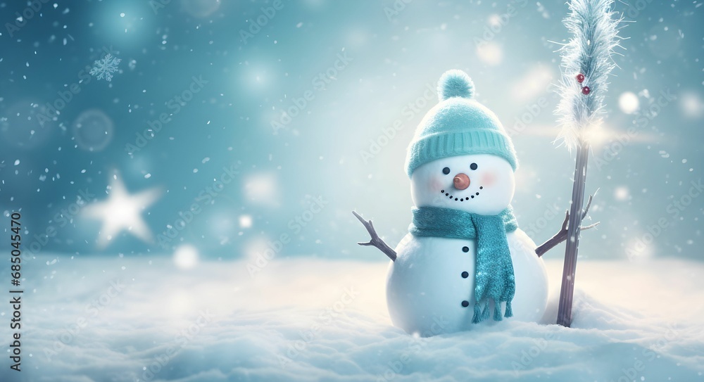 AI generated illustration of a snowman in snowfall with a broom