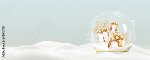 Christmas and New Year greeting card with transparent snow globe with gifts.  © Aliona Manakova