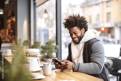 Happy male student sitting in a coffee shop, using a smartphone photo