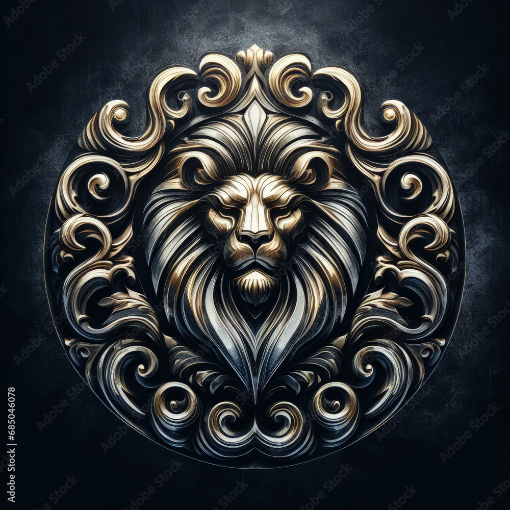 3d lion logo carving and engraving on dark background 3d lion logo carving and engraving on dark background