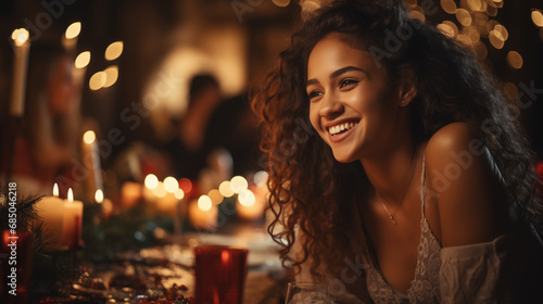 A joyful woman with curly hair smiles warmly at a festive gathering, the candlelight casting a soft glow on her face