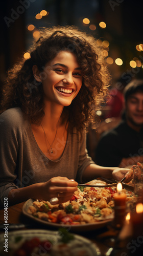 A radiant woman with curly hair enjoying a festive meal  her smile illuminated by twinkling lights and candles