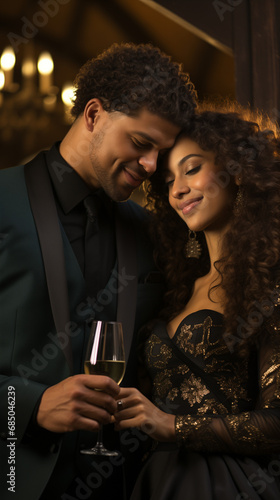 A charming couple shares a tender moment, toasting with champagne in a romantically lit setting