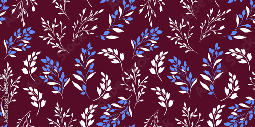 Seamless pattern with simple, abstract, artistic branches leaves. Vector hand drawn tiny shape stems leaf on a brown background. Template for textile, fashion, print, surface design, fabric